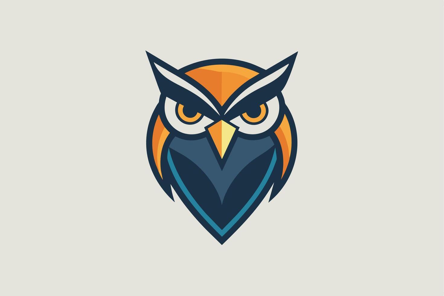 A colorful illustration of an owls head, featuring a blue, orange, and yellow color scheme. The owl has a serious expression and its eyes are wide open. vector