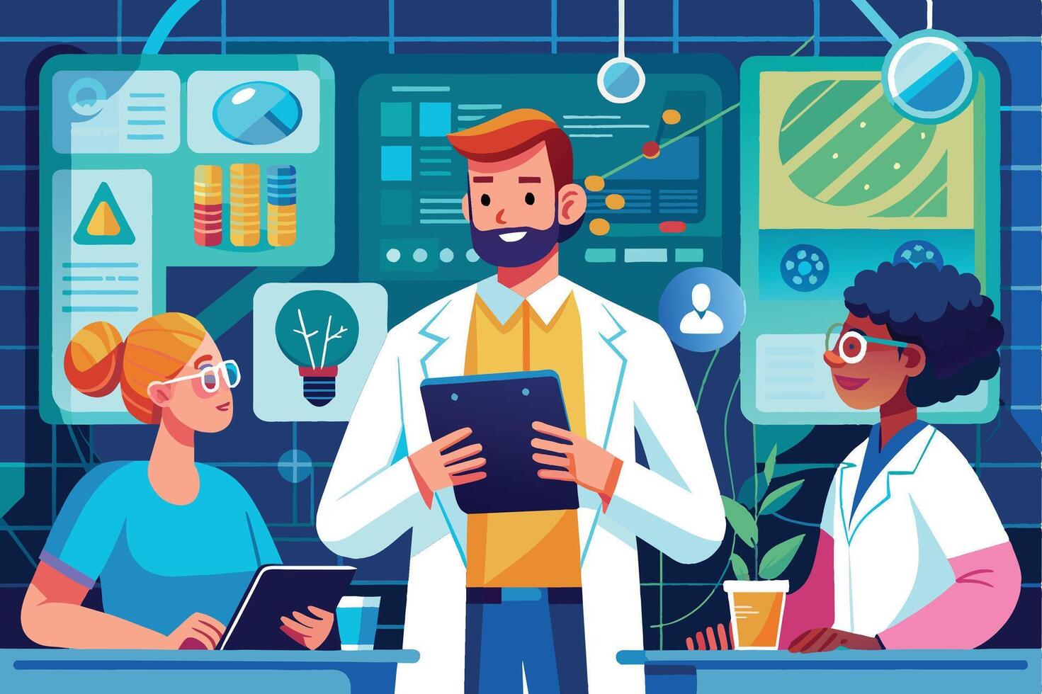 A team of three scientists in lab coats are gathered around a table, discussing charts and data analysis displayed on digital screens in the background. vector