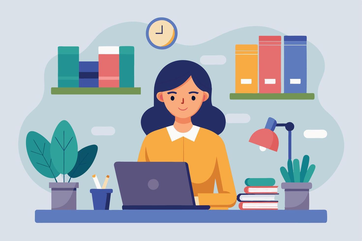 A woman sits at a desk in her home office, working on her laptop. There are bookshelves, a desk lamp, and plants in the background. vector