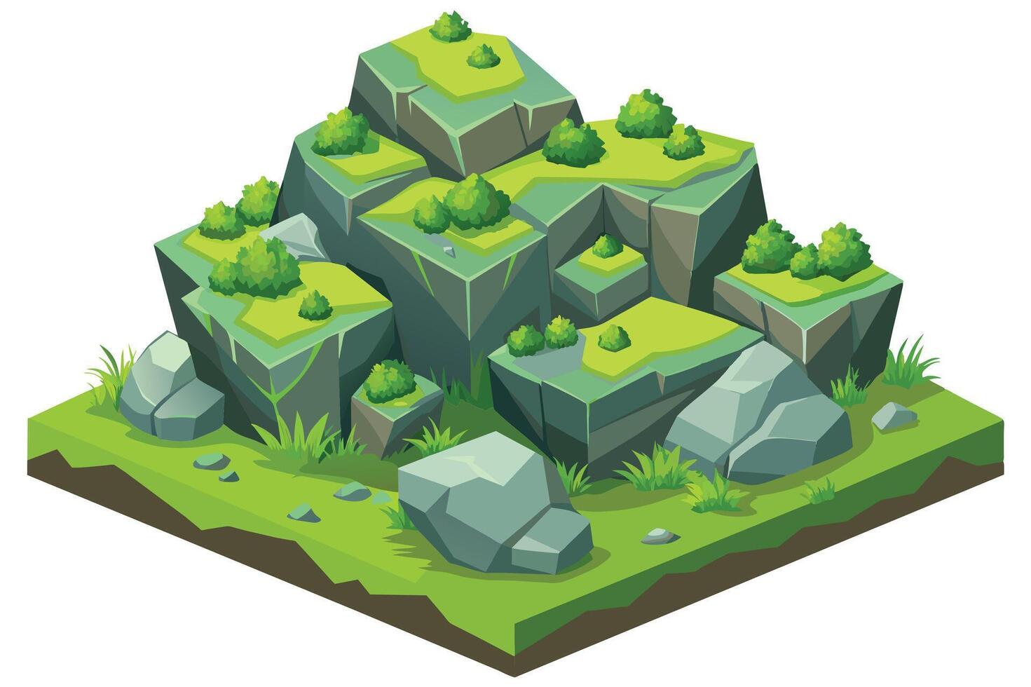 Digital illustration of rocky landscape in isometric style. Various rock formations with green grass patches. Vibrant green grass, dull gray rocks. vector