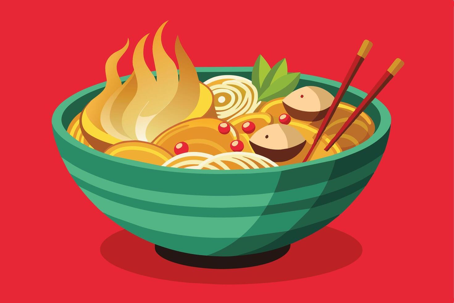 A bowl of steaming hot noodles with chopsticks, topped with meat, red pepper flakes, and a sprig of green herbs. vector