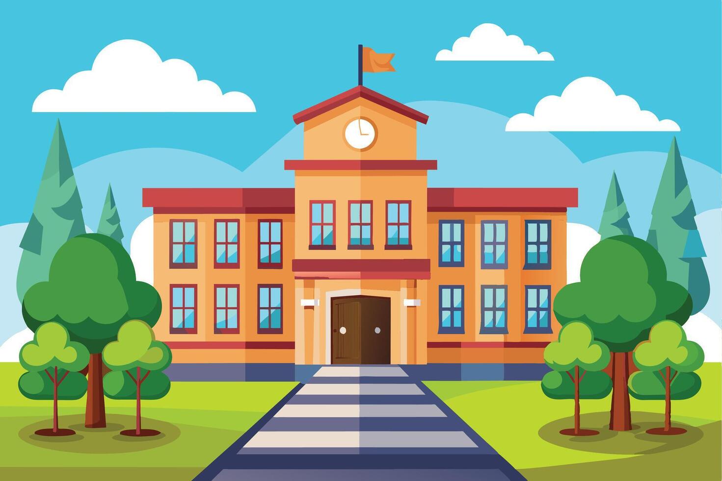 A cartoon illustration of a yellow brick school building on a sunny day. The building is surrounded by trees and a crosswalk leads to the schools entrance. vector