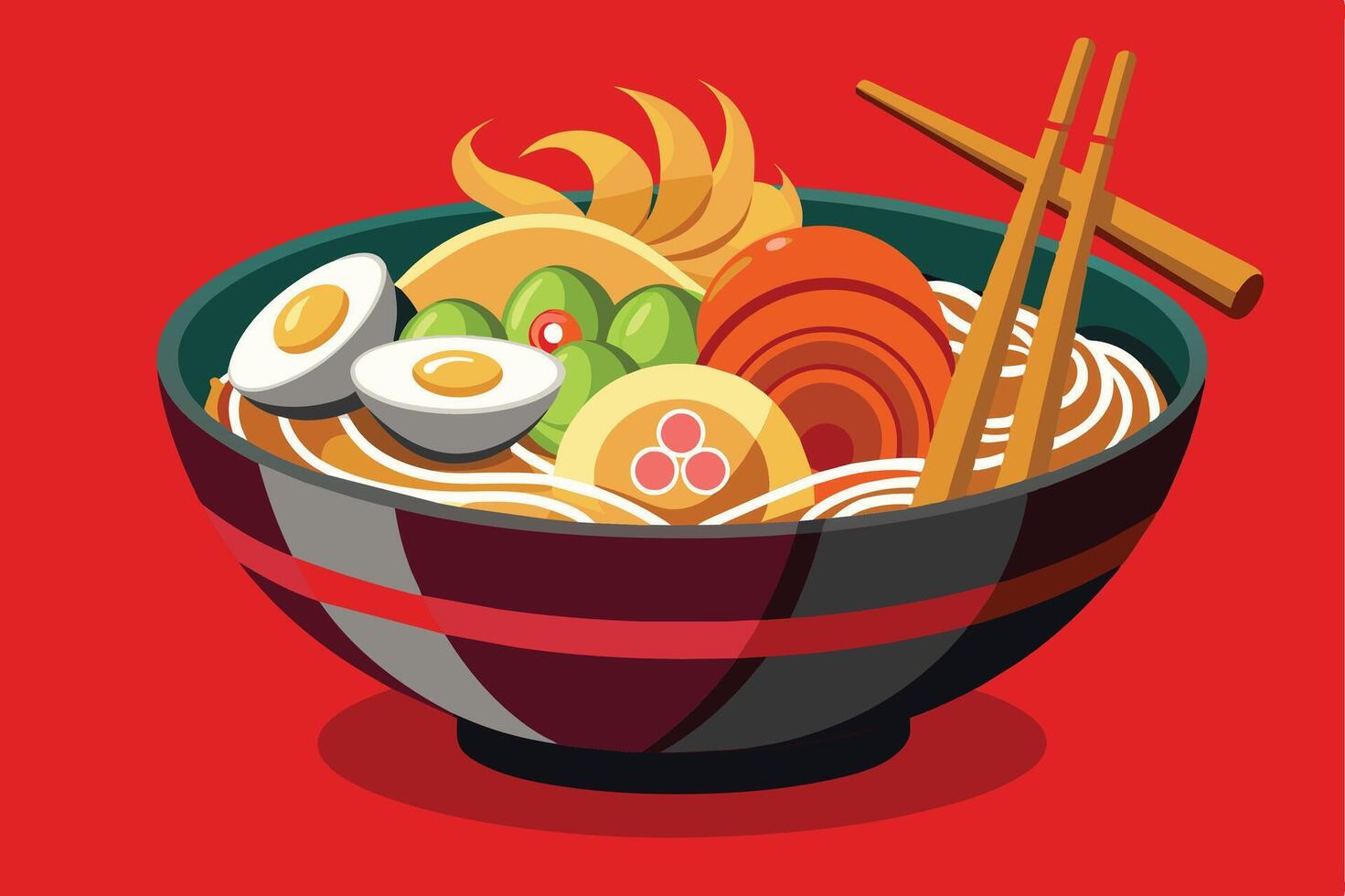 A cartoon illustration of a bowl of ramen noodles with eggs, vegetables, and chopsticks on a red background. vector