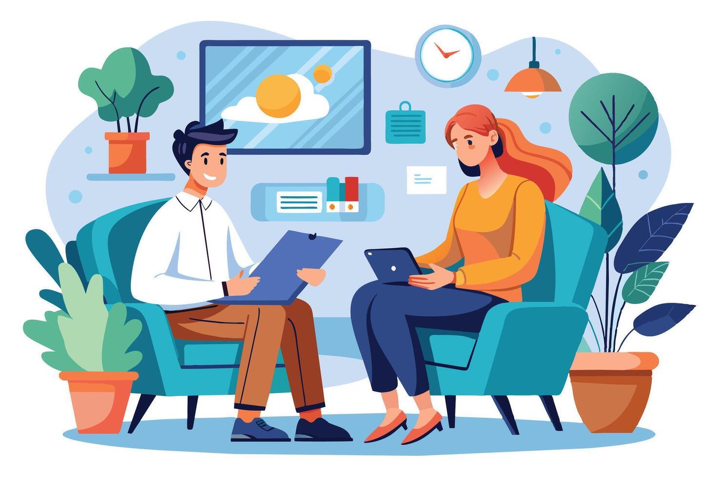 A man and woman are sitting in chairs in an office, talking. The man is holding a clipboard while the woman is holding a tablet. vector