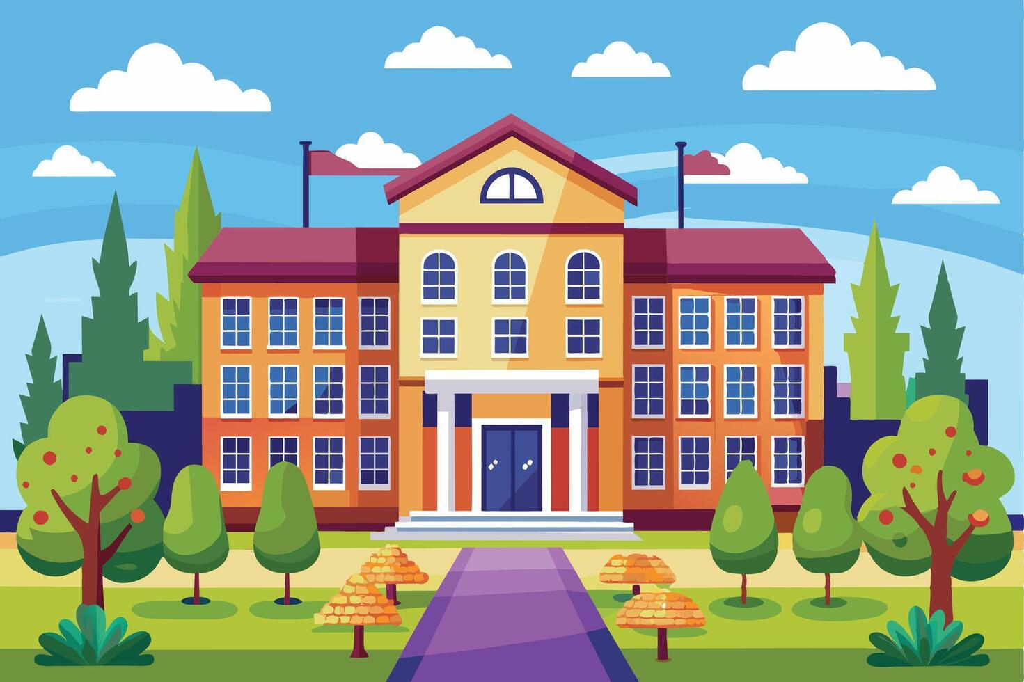 A tall school building with yellow facade, red roof, many windows. Trees around it, walkway to entrance. vector