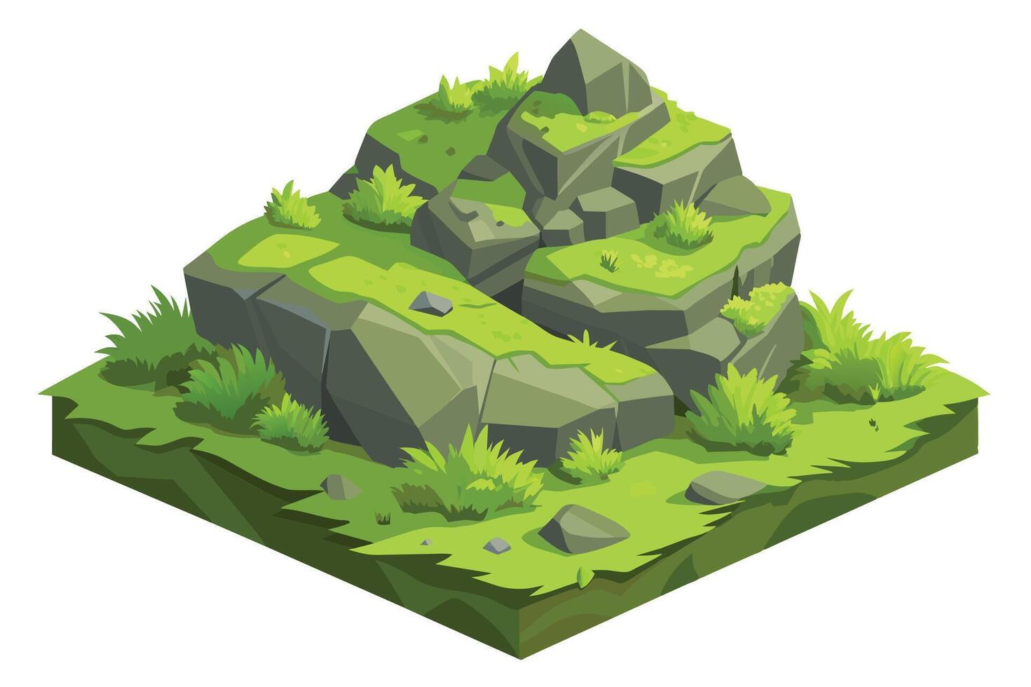 An isometric illustration of a grassy hill with large rocks covered in green moss. The hill is perfect for adding a touch of nature to game designs or other illustrations. vector
