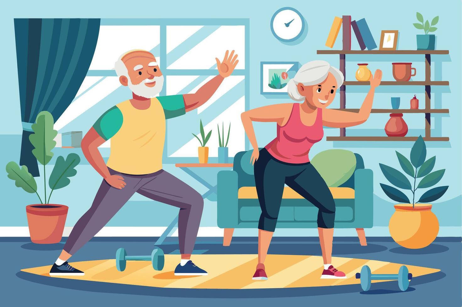 A senior couple is working out together in their living room. They are both smiling and appear to be enjoying their exercise routine. vector