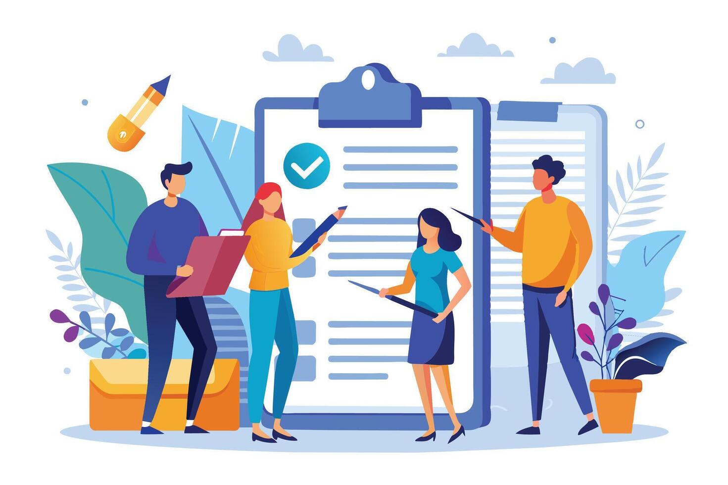 Four people stand around a large checklist, pointing at it and discussing its contents. vector