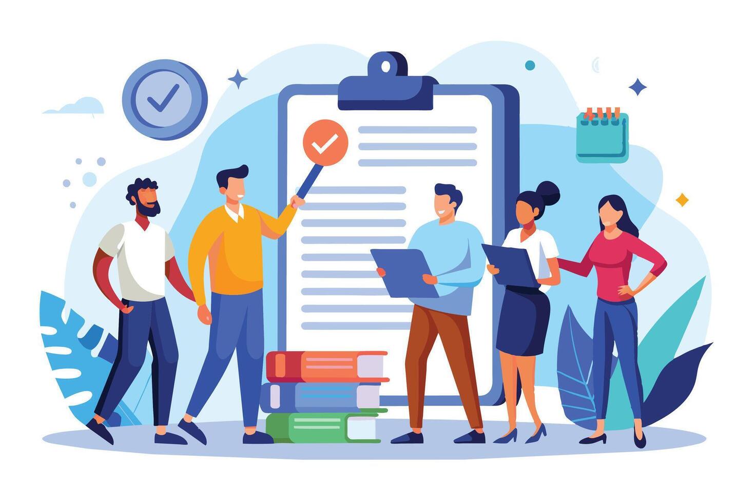 A team of four individuals, representing diverse backgrounds, review a checklist and schedule. They stand in front of a large clipboard with checkmarks and text. vector