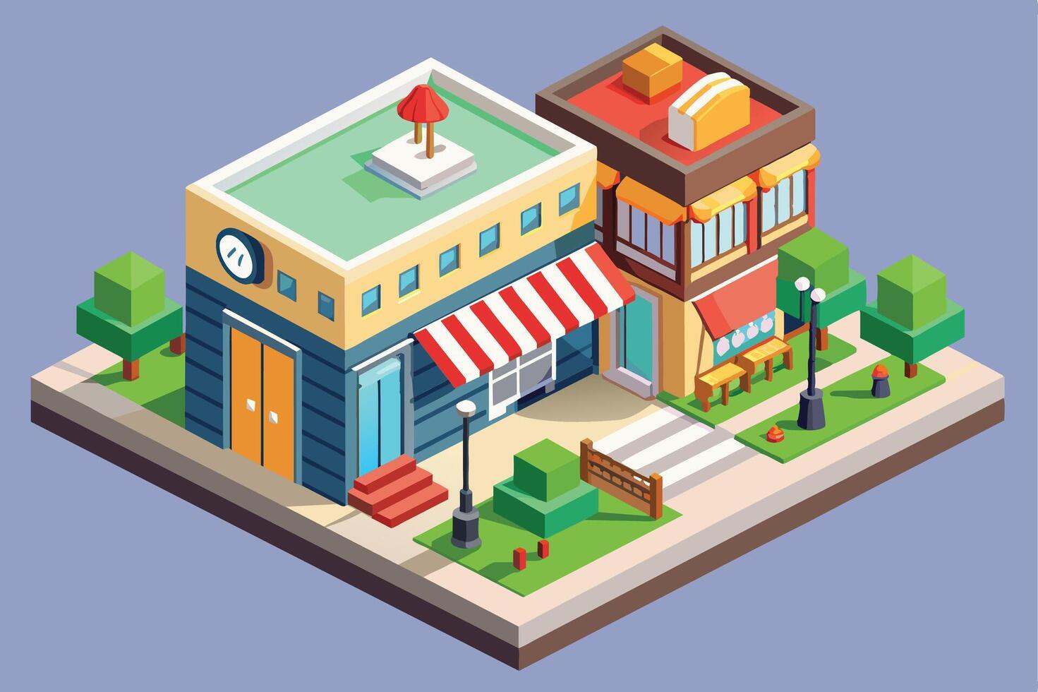 An isometric illustration of two shops on a city block with a sidewalk, streetlights, and small trees. The shops have awnings, windows, and doors. vector