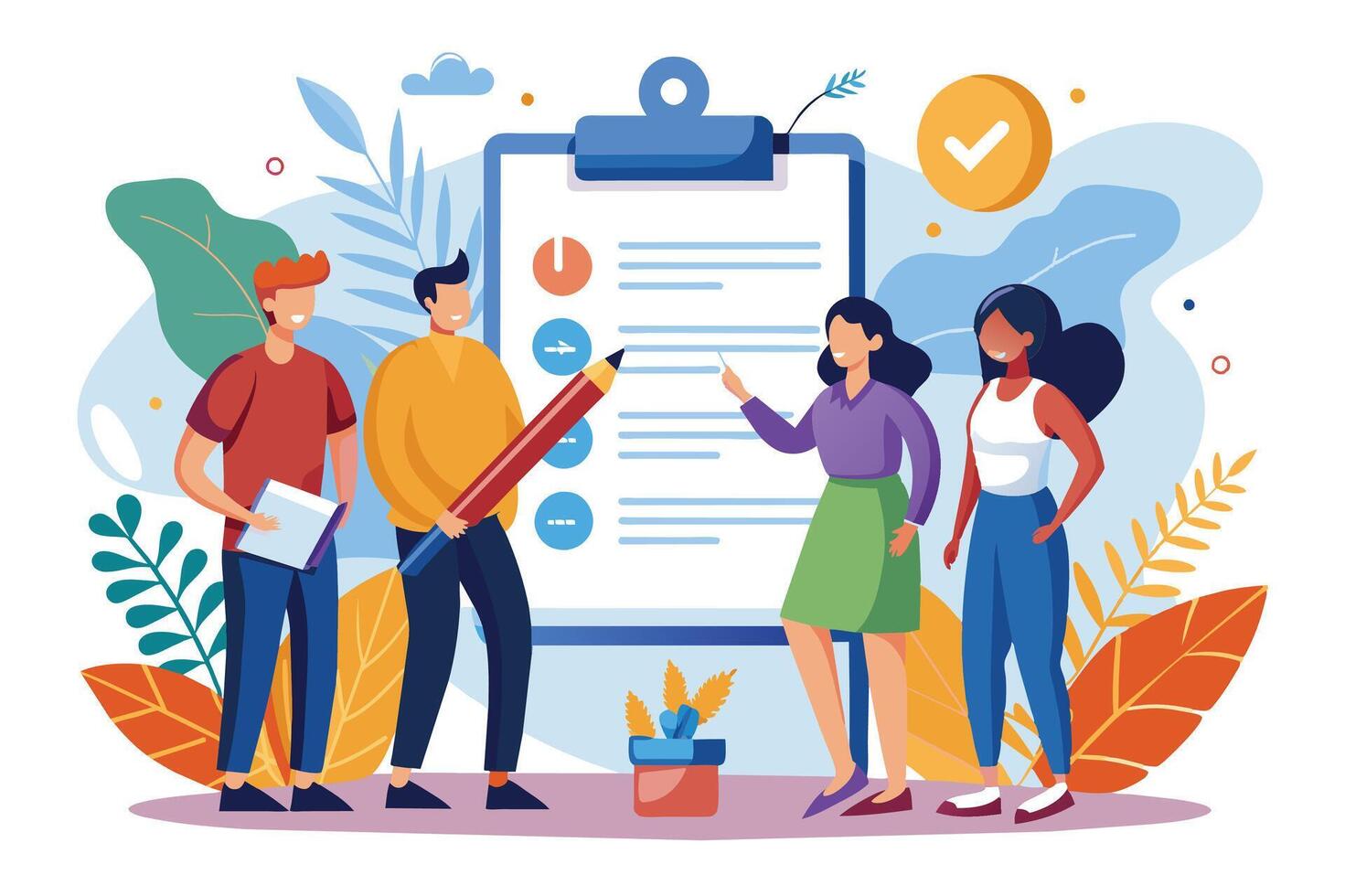 A group of four diverse team members collaborate on a project checklist while using a large, red pencil. They stand together, demonstrating a sense of teamwork and unity. vector