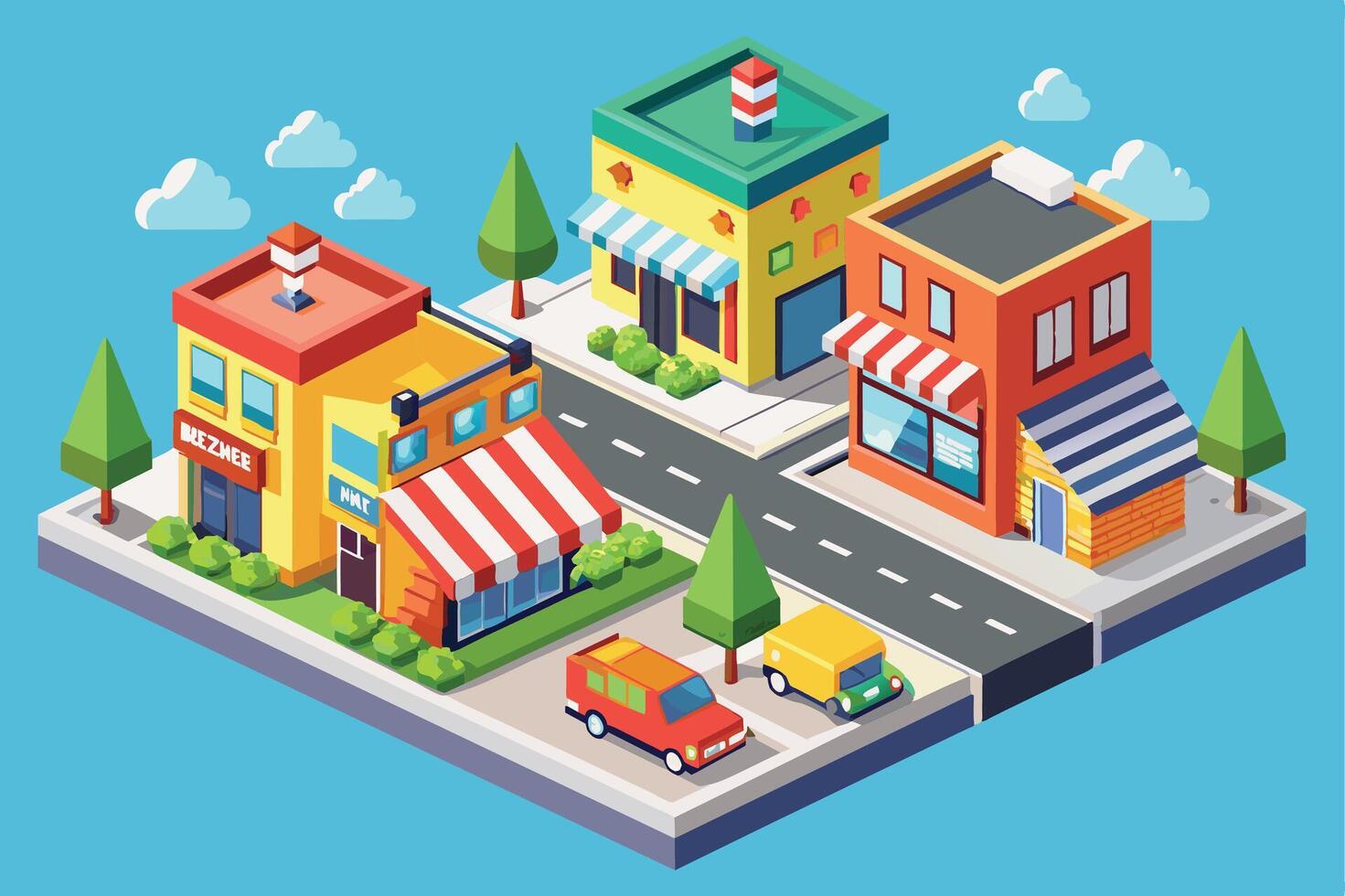 Digital art of a city street with 4 buildings, shops, awnings, and windows. 2 parked vehicles, green trees, light blue sky with white clouds. vector