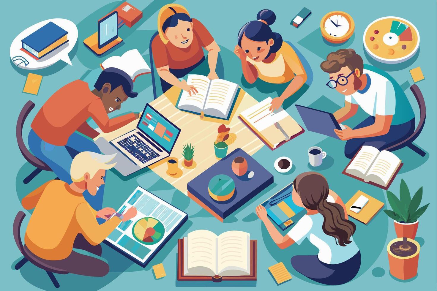 A group of students sit around a table, studying together with books, laptops, and other materials. They are focused, engaged, and working well as a team. vector