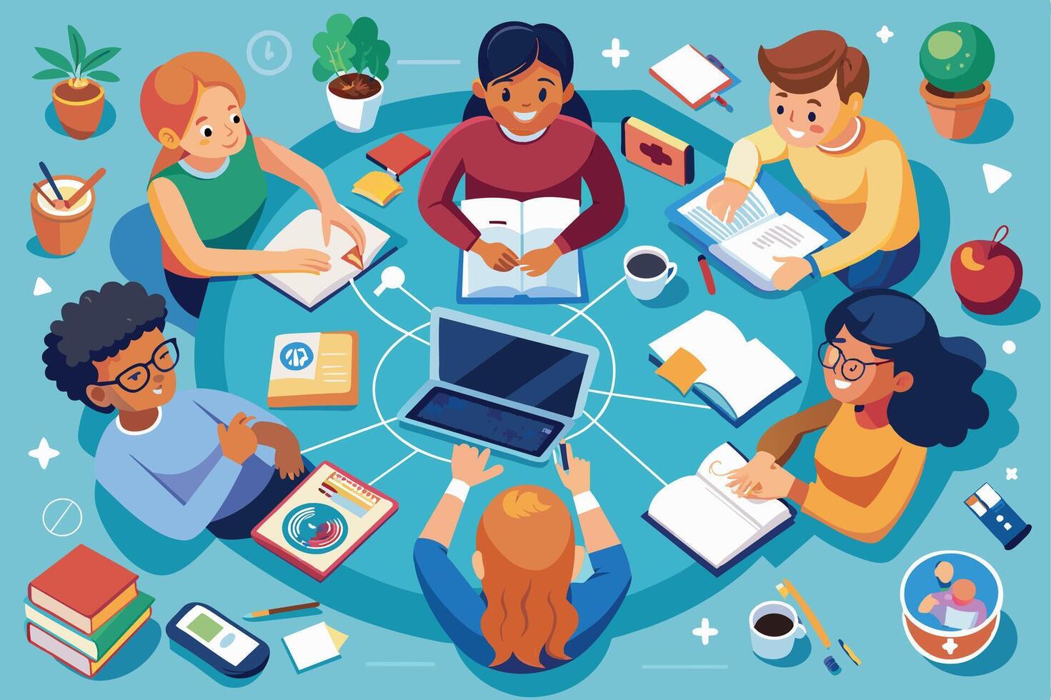 Group of diverse students studying together around a table with books, laptop, and coffee, all smiling and engaged