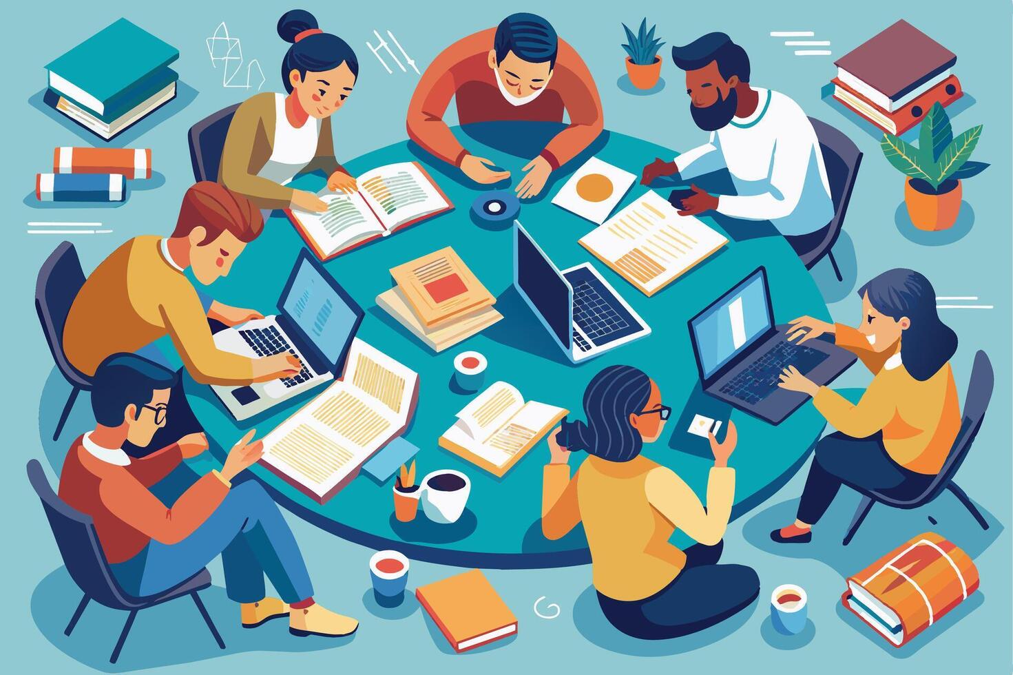 An illustration of a diverse group of students studying together around a table. They are using books, laptops, and other materials to learn. vector