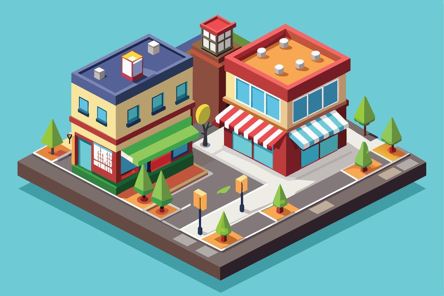 An isometric illustration of a city street featuring two two-story buildings with awnings and streetlights. vector