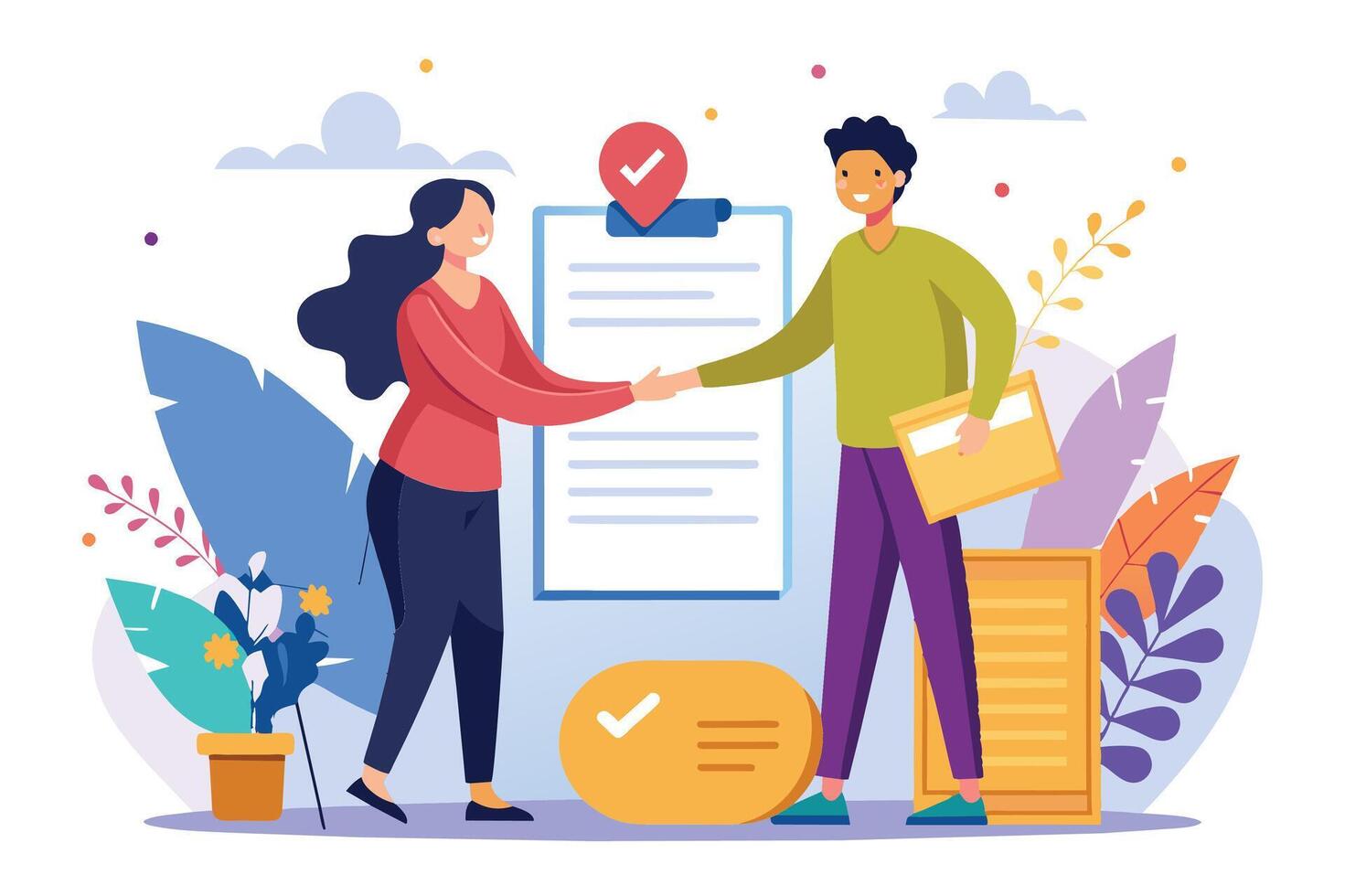A woman and a man stand near a large checklist, shaking hands in agreement. They are both smiling, and the checklist has a check mark on it, indicating a successful outcome. vector