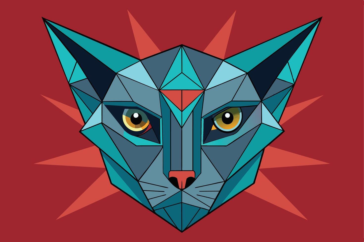 A digital illustration depicting a geometric cats face with a red starburst background. vector