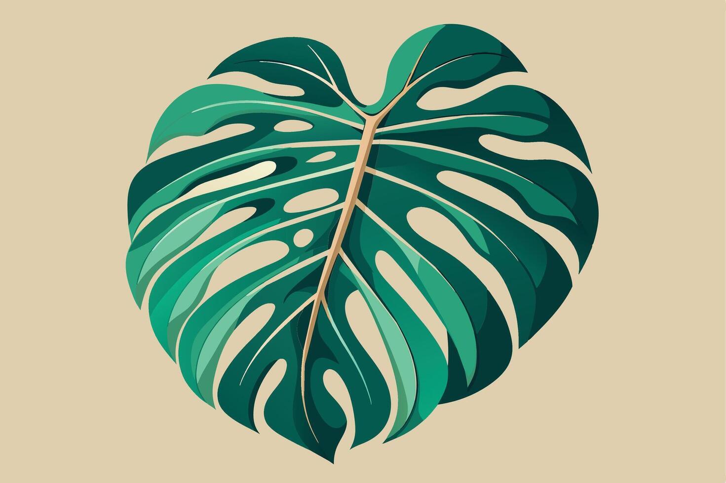 A single green Monstera leaf is depicted in this illustration against a light beige background. vector