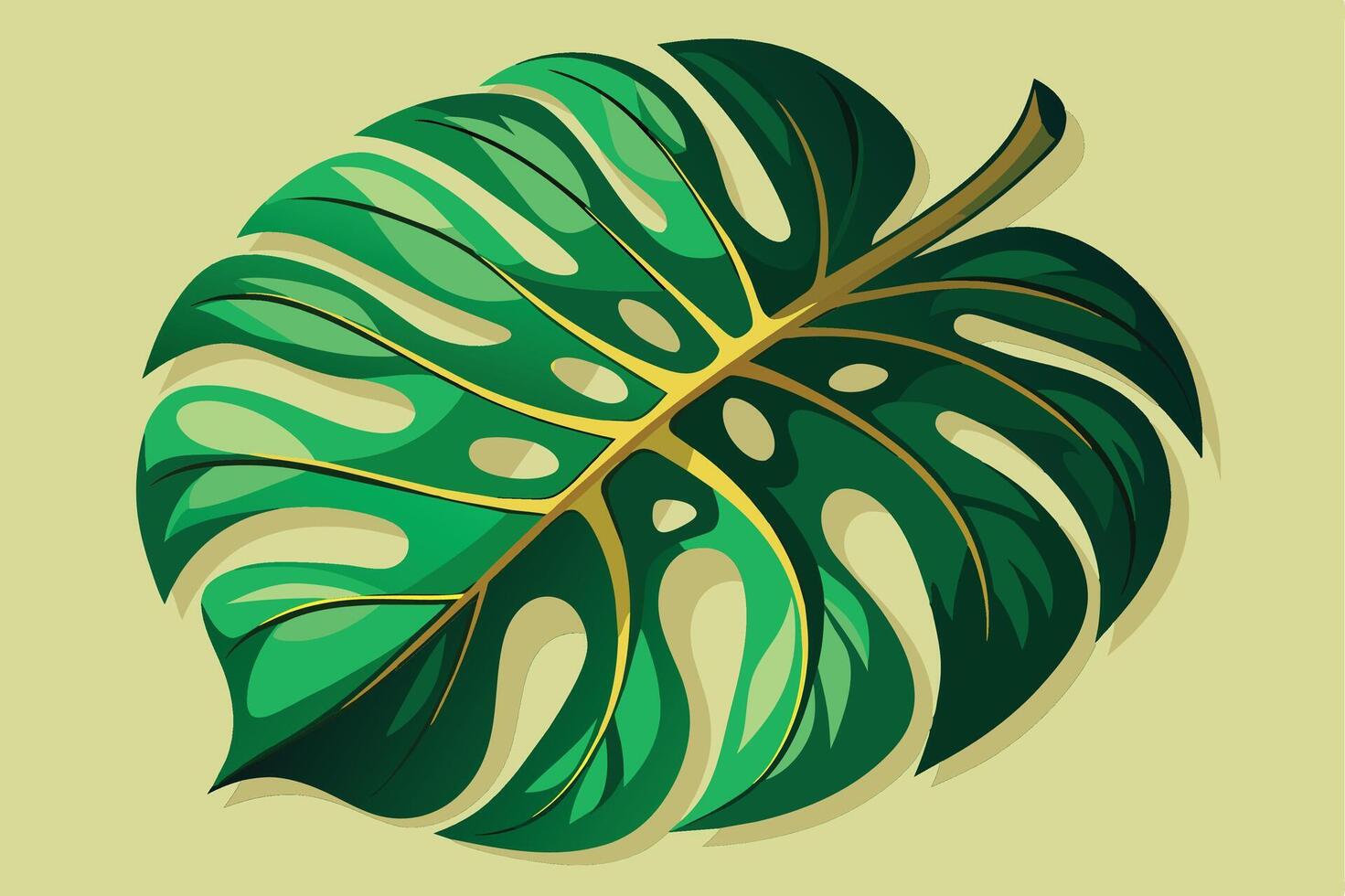 A digital illustration of a single green Monstera leaf with gold veins against a light green background. vector