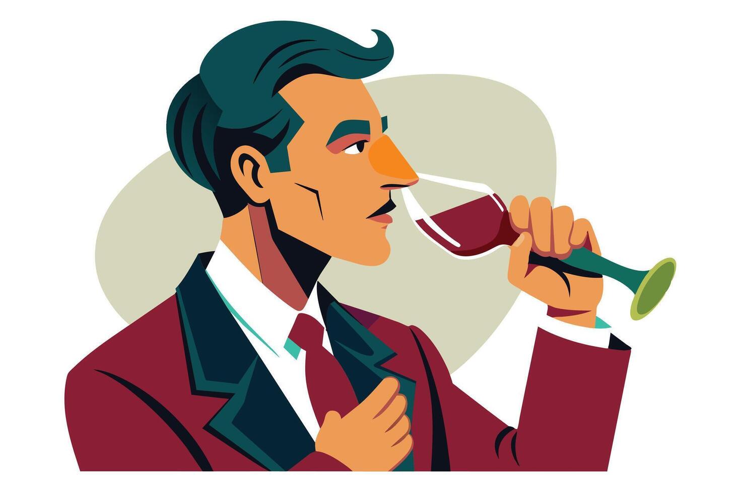 A man in a suit holds a glass of red wine to his nose and takes a sip. He is in a formal setting and enjoys the taste of the wine. vector