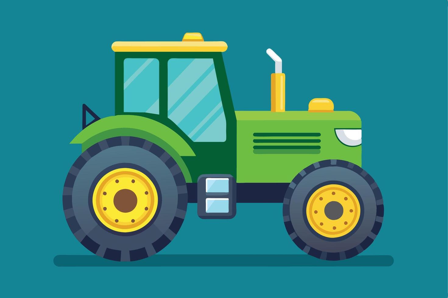 A simple, flat illustration of a green tractor on a blue background. The tractor has large wheels and a yellow exhaust pipe. vector