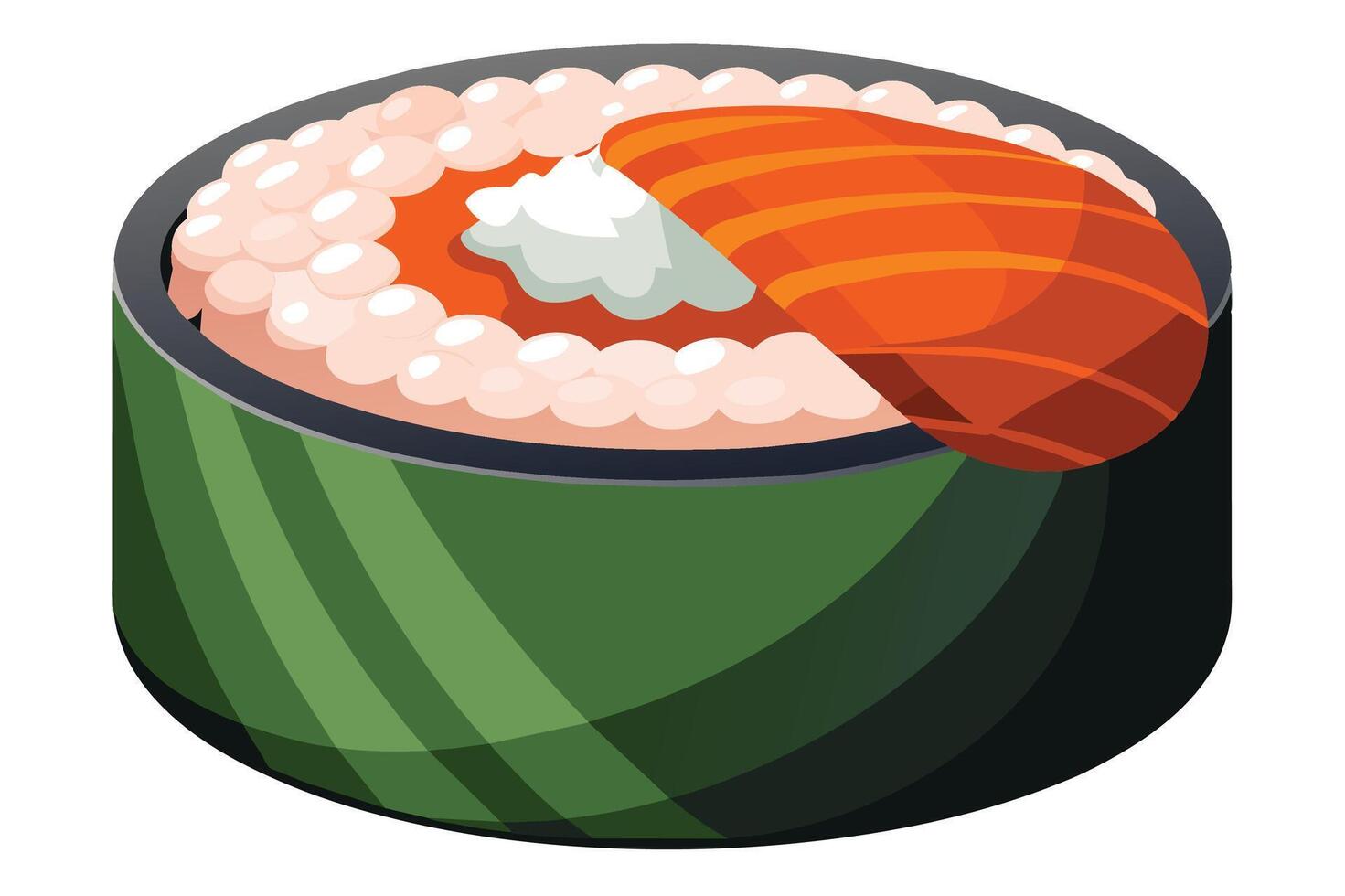 A single sushi roll with a green seaweed wrapper, white sauce, and fish eggs. vector