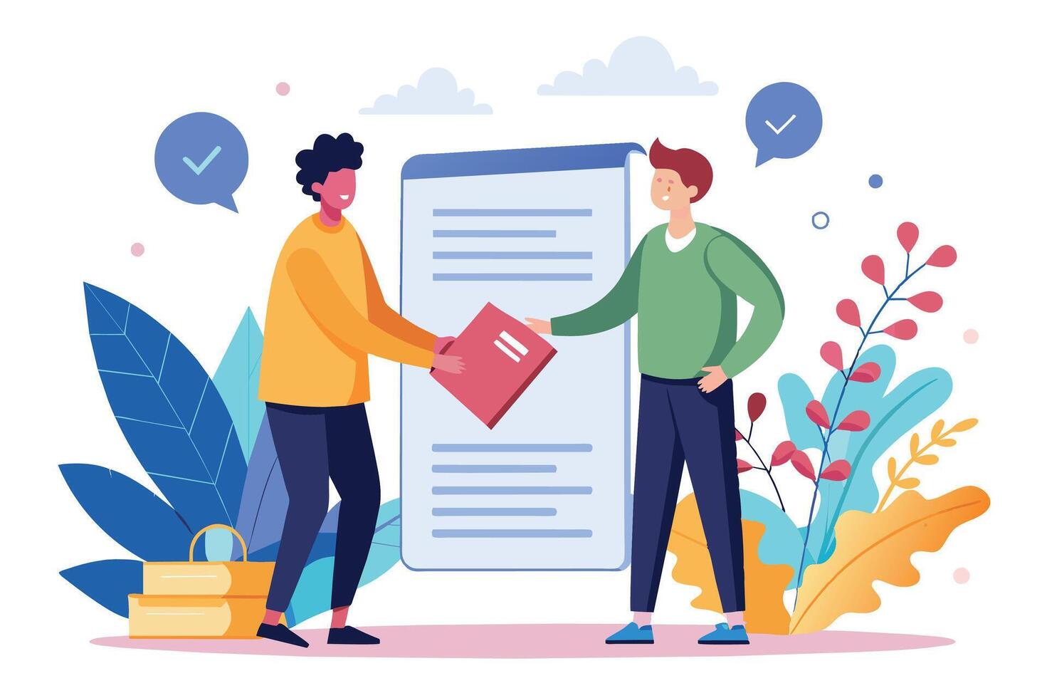 Two men standing near a whiteboard with one handing over a book to the other. vector