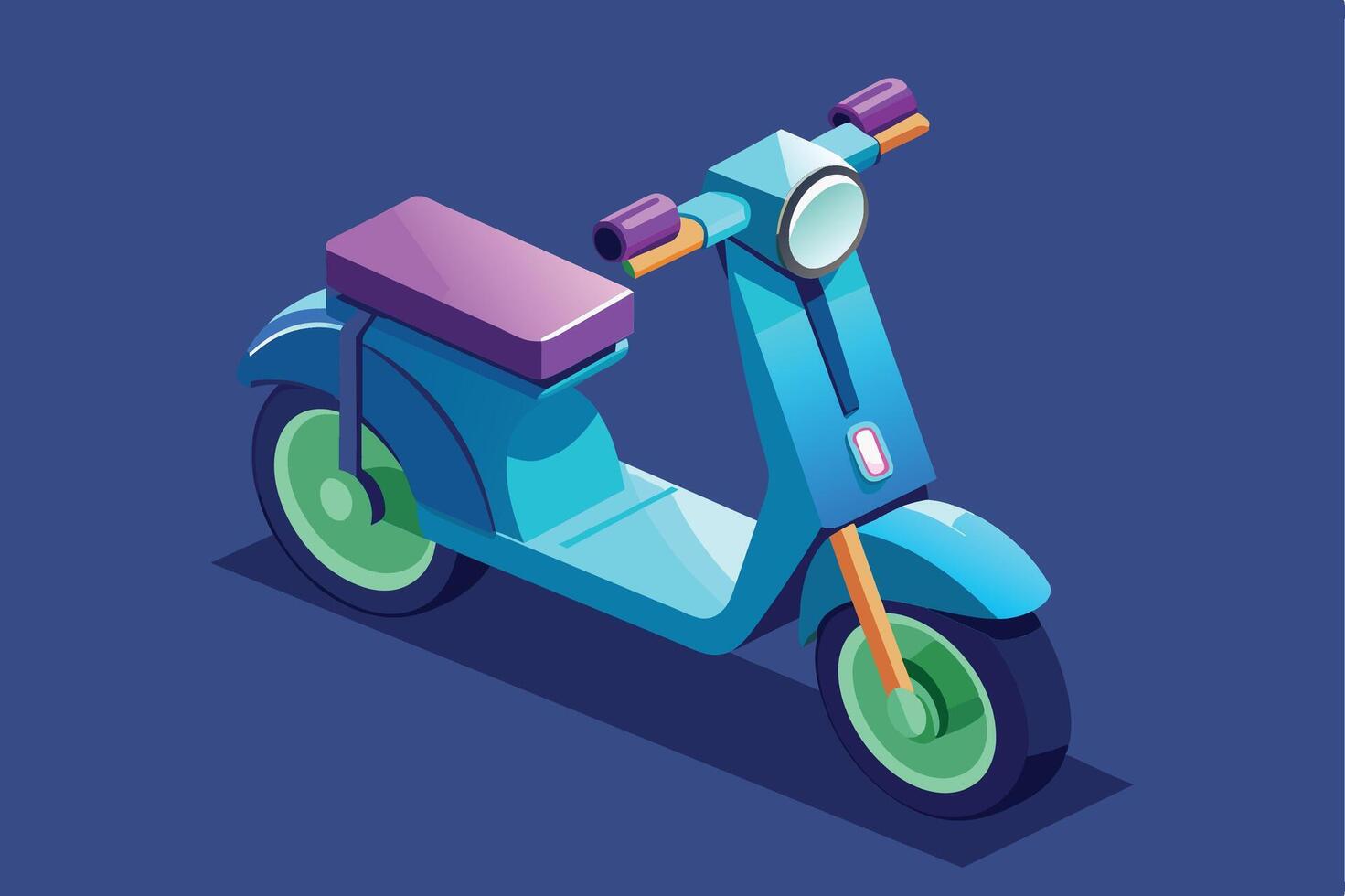 This is an isometric illustration of a blue electric scooter on a dark blue background, ideal for symbolizing transportation or urban living. vector