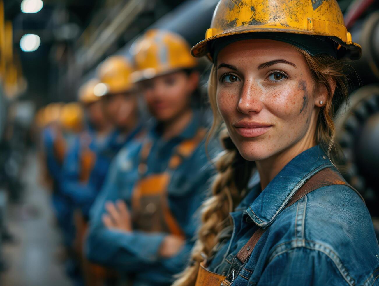 A Team of women and men working on machinery in a factory, standing side by side and looking at the camera, smiling. photo