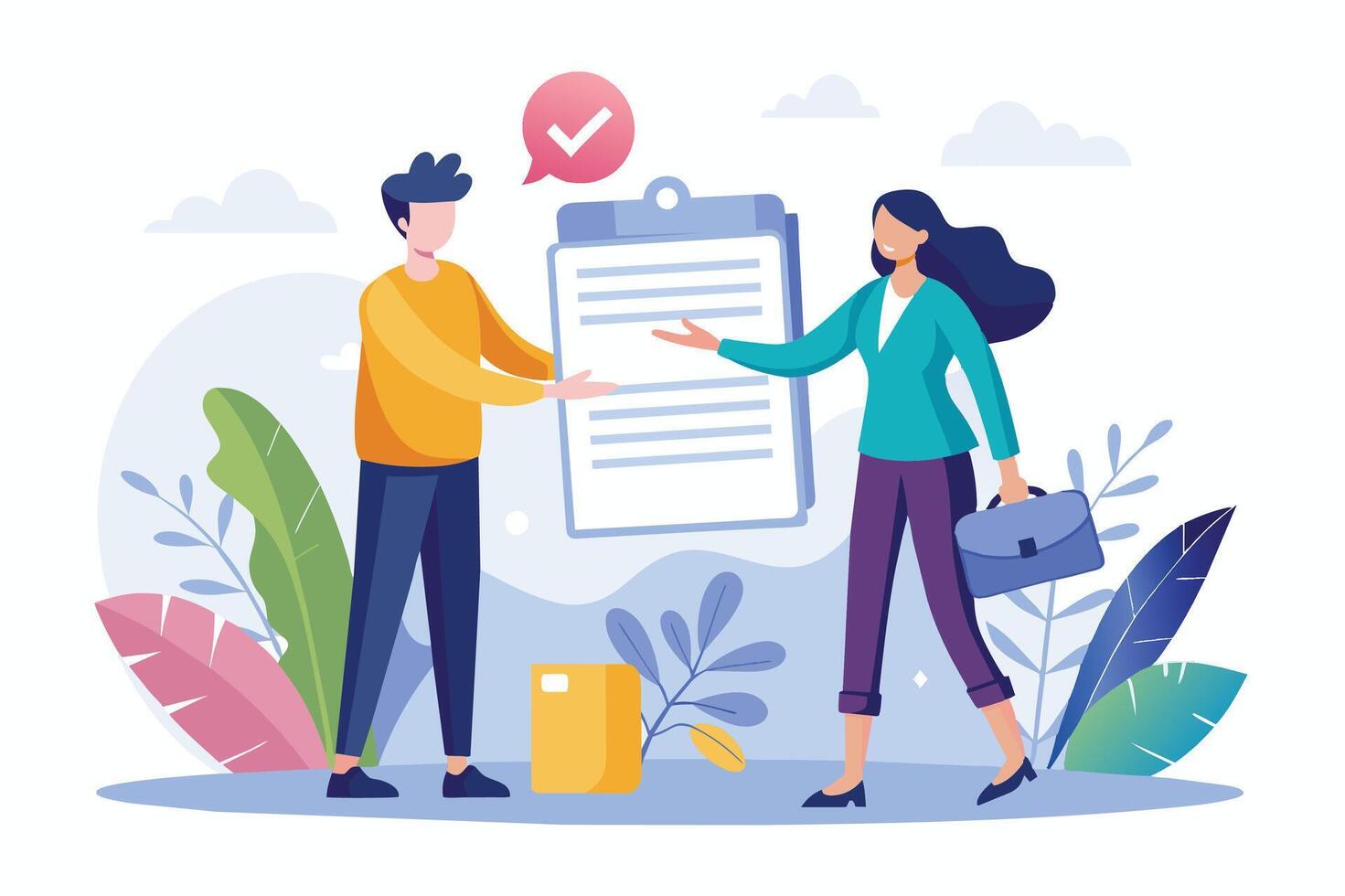 A man and woman are standing in front of a document with a checkmark. The man is pointing at the document, while the woman is smiling and listening. vector