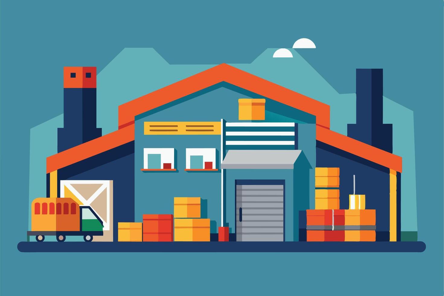 An image of a big warehouse with boxes, a truck, an orange roof, garage door, windows, and stacks of boxes inside and outside. vector
