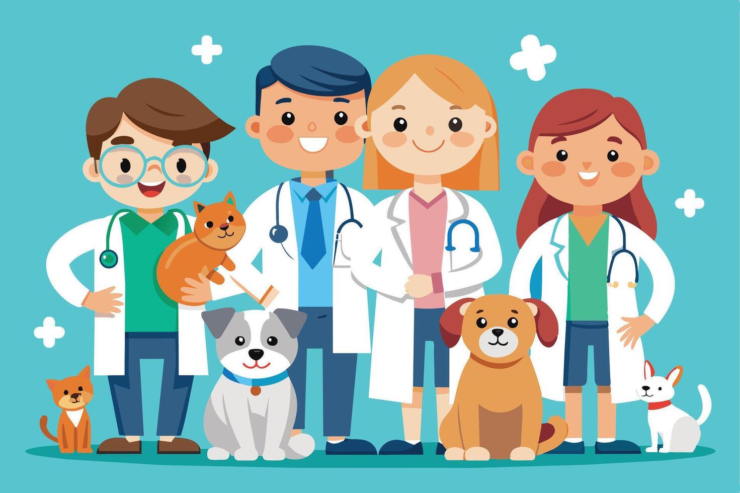 An illustration of four veterinarians, two female and two male, standing with their animal patients in a clinic setting. They are all smiling and appear happy to be caring for the animals. vector