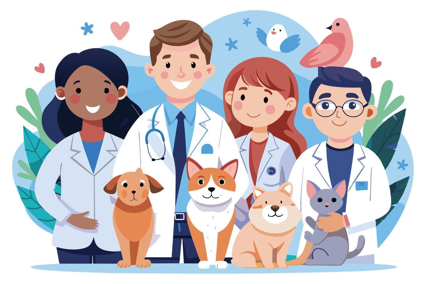 A cartoon illustration depicting a diverse team of veterinarians caring for a group of pets. vector