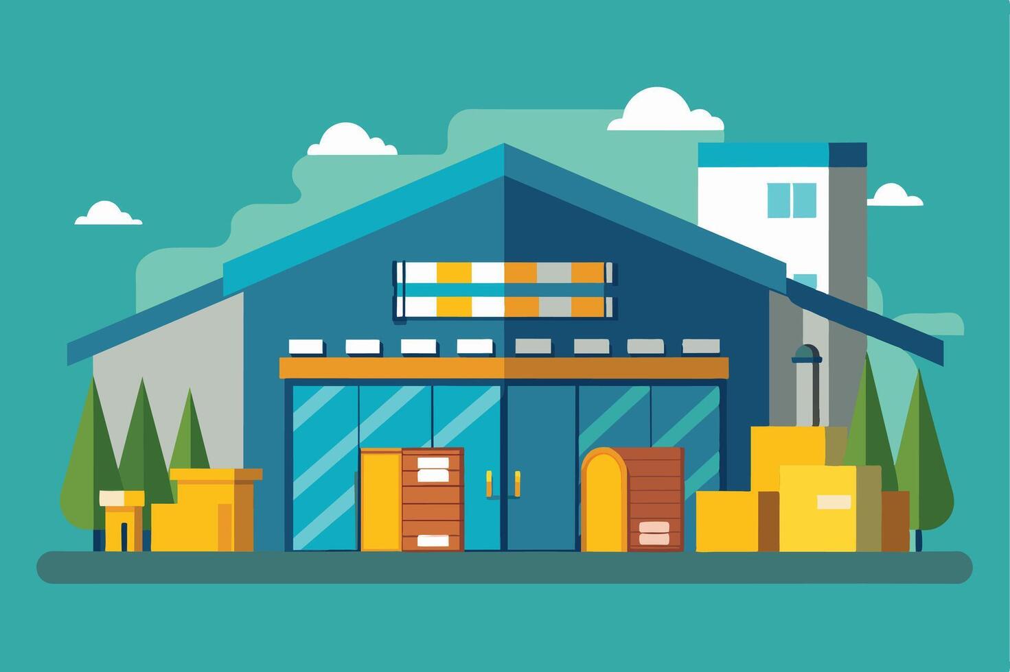 A cartoon illustration of a modern warehouse building with large glass doors, boxed goods, and a clear, sunny sky. vector