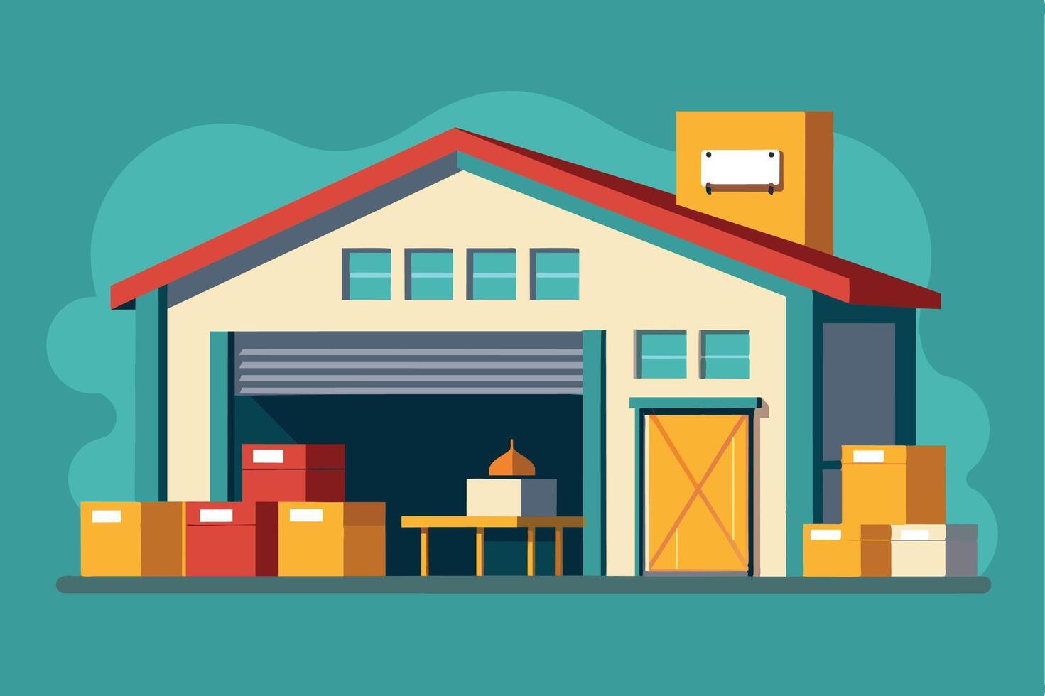 A cartoon illustration of a yellow warehouse building with an open garage door and several boxes stacked outside. vector