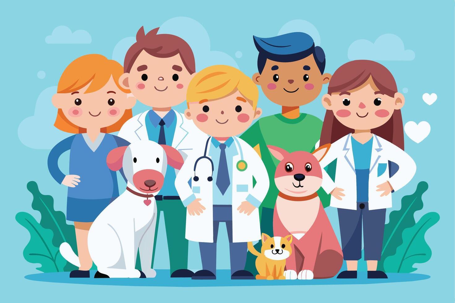 An illustration of four veterinarians and three pet owners standing together in front of a blue background. They are all smiling, and the pets are happy as well. vector