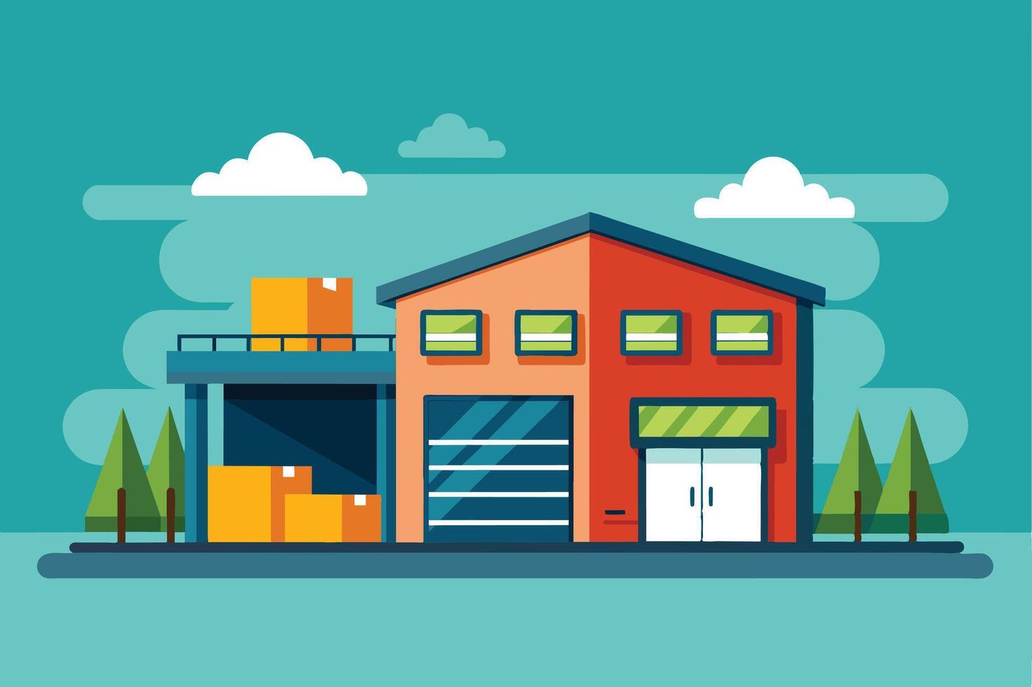 An illustration depicting a modern warehouse building with boxes stacked inside and outside. The building has a blue roof and red exterior with large windows and doors. vector