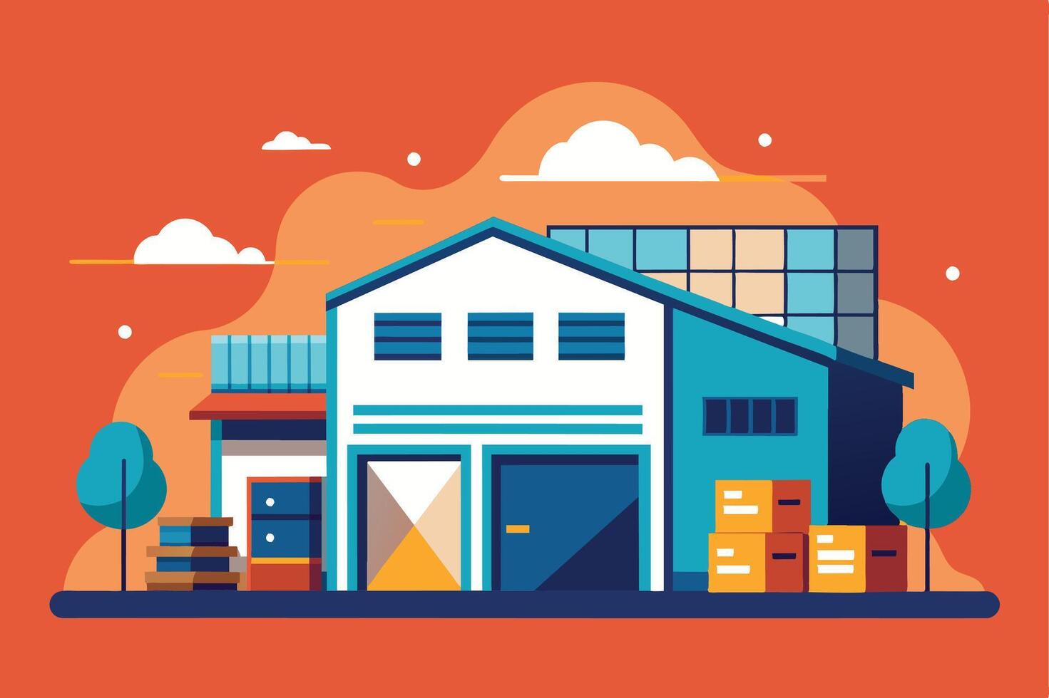 A modern warehouse building with large double doors and boxes stacked in front, set against a bright orange background with white clouds. vector