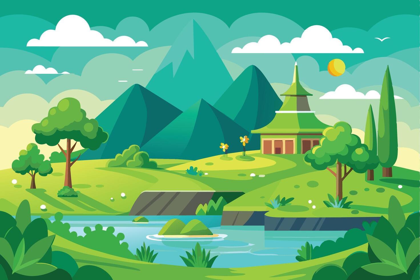 A serene, cartoon-style illustration depicting a picturesque mountain landscape with a green pagoda, a winding river, and lush trees. vector