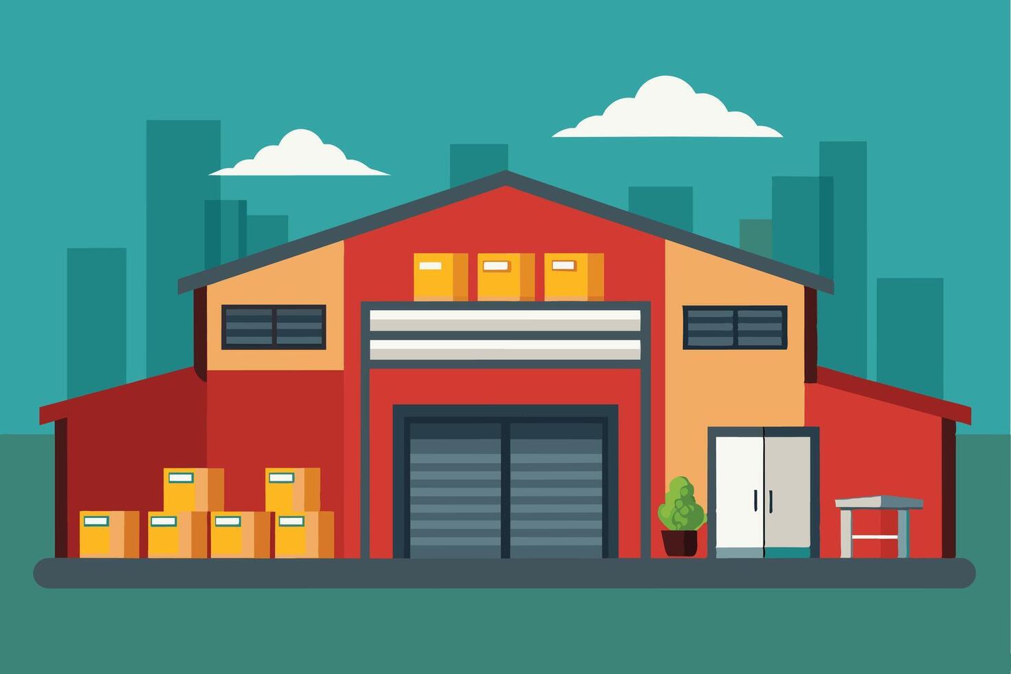 A cartoon illustration of a warehouse with a red and yellow exterior. It has a closed garage door and a set of double doors. There are boxes stacked outside and a small tree to the right. vector
