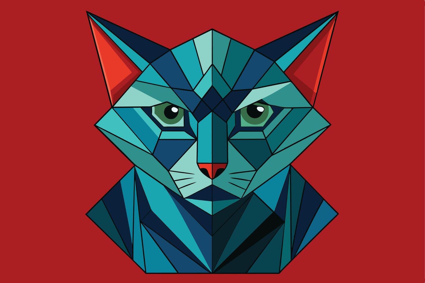 A digitally created portrait of a cat, rendered in a geometric style, featuring blue, green, and red hues. The cats head is centered on a red background. vector