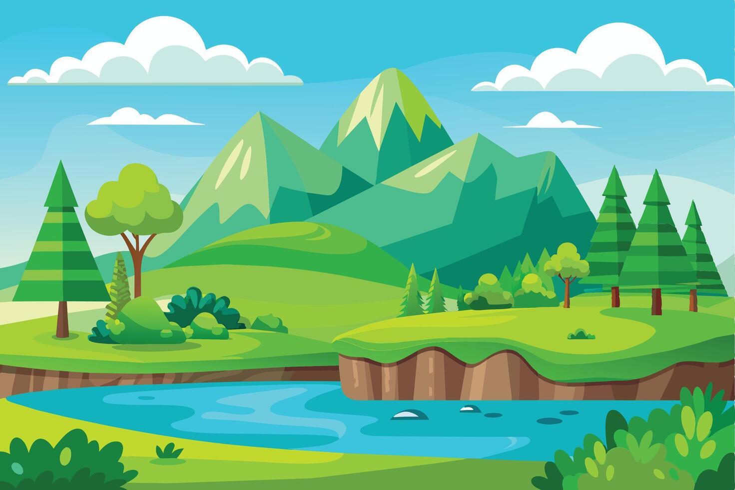 A colorful illustration of a peaceful mountain landscape with a winding river and lush green trees. The scene is vibrant and inviting, perfect for a relaxing backdrop. vector
