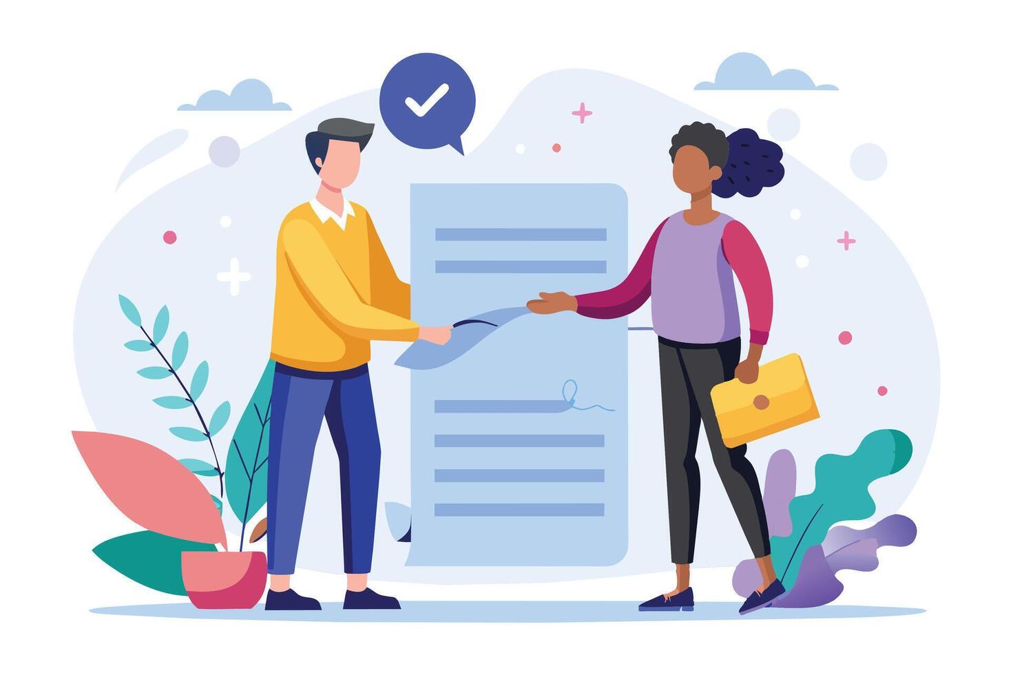 Illustration of a man and a woman signing a contract with a pen and a check mark next to it, indicating approval. vector