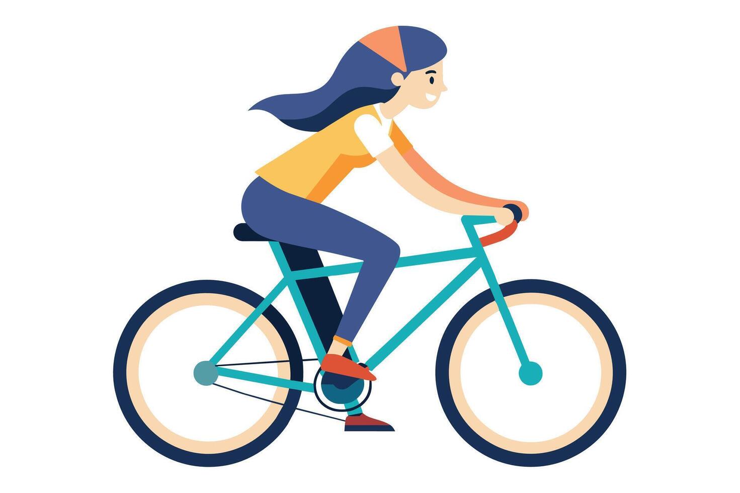 A happy woman in a yellow shirt and blue jeans is riding a teal bicycle. She is smiling and enjoying a sunny day. vector