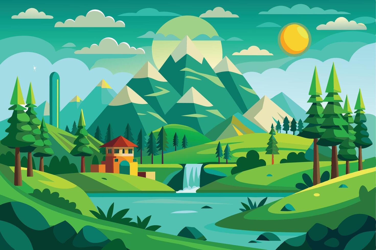 Digital illustration of a serene mountain valley with waterfall, lake, trees, and house. Green, snow-capped mountains, bright sun, fluffy clouds. Peaceful scene. vector