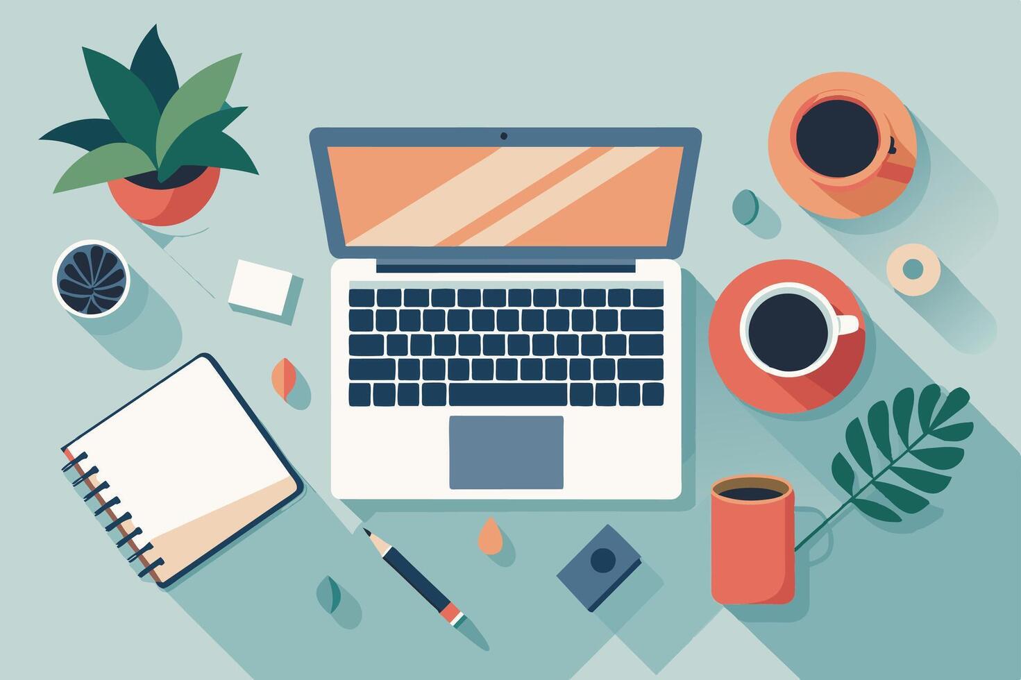 A top-down flat lay illustration of a minimalist workspace featuring a laptop, notebook, pencil, coffee cups, and plant. vector