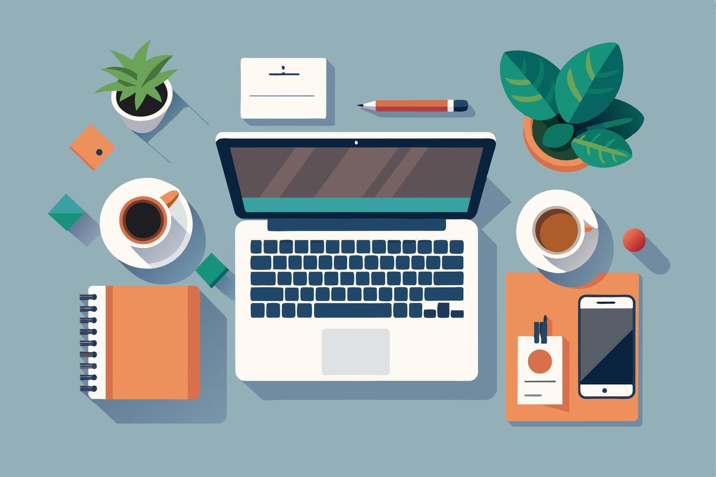 A flat-lay illustration of a clean, modern workspace with a laptop, two cups of coffee, a notebook, a pencil, a smartphone, and other office supplies. vector