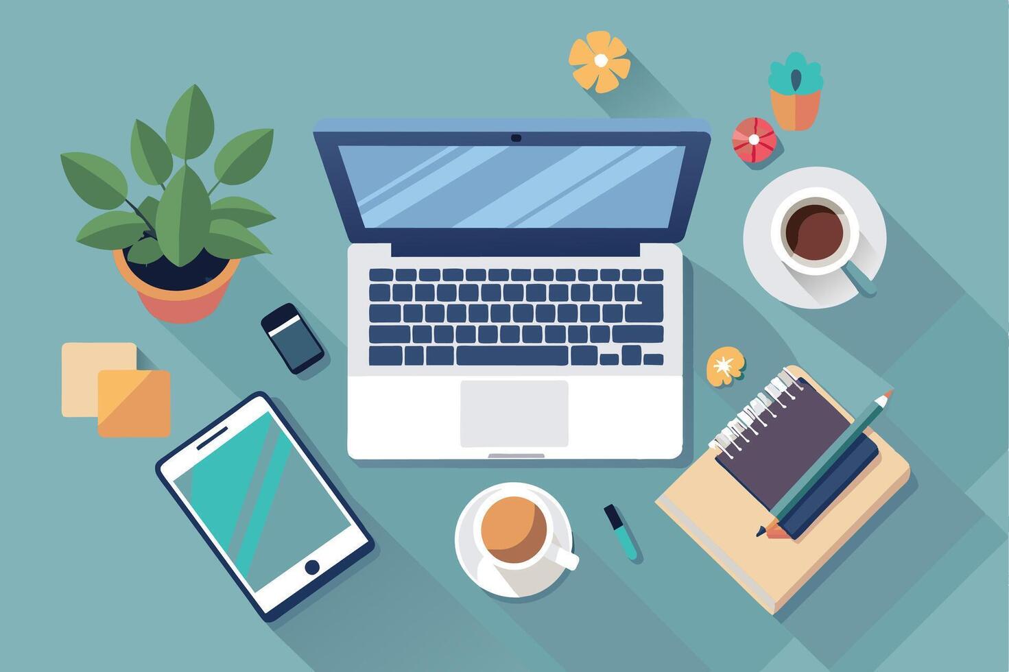 A flat lay illustration of a desk with a laptop, a phone, two cups of coffee, a notepad, and a pencil. vector