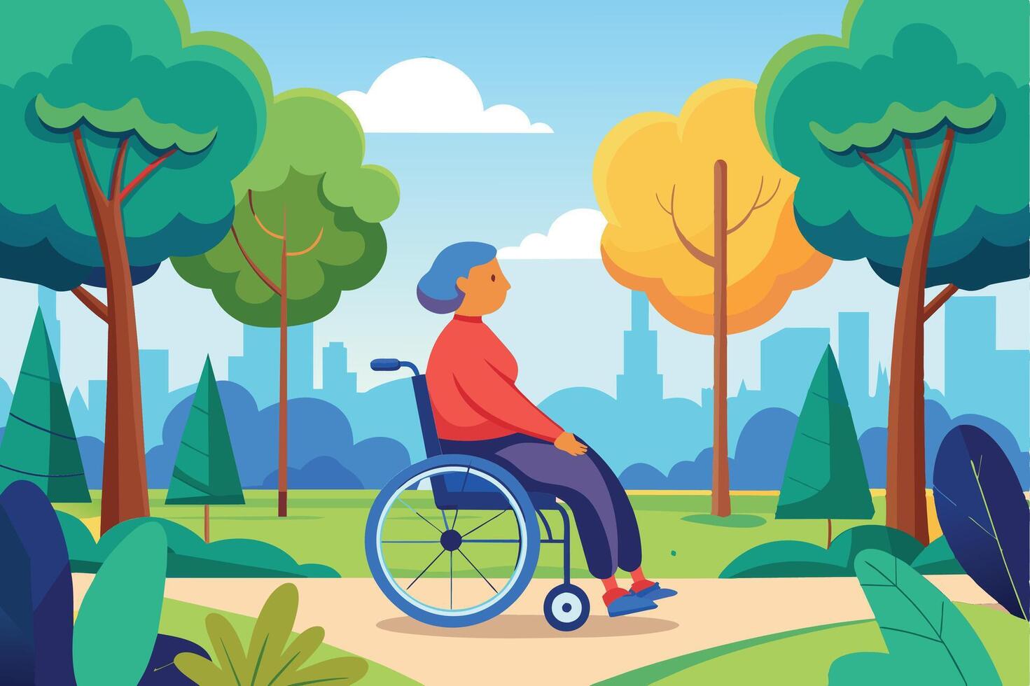 A woman in a wheelchair enjoys a sunny day in a park, surrounded by trees and city buildings in the background. vector